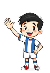 Fototapeta premium a smiling young boy with black hair, in a blue and white striped shirt, white shorts, and red shoes