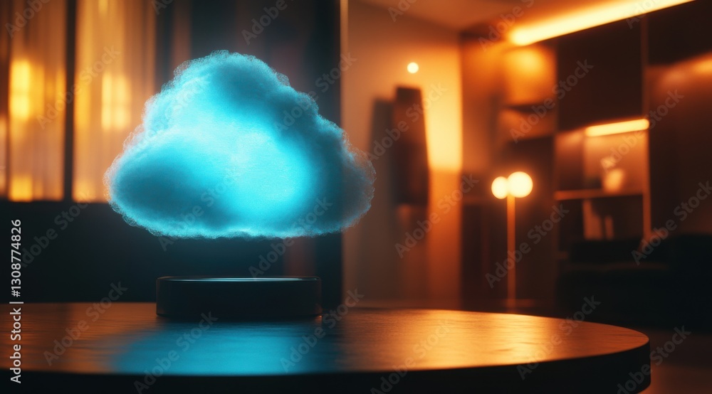 Poster glowing blue cloud floating on a table in a modern home interior, with a glowing blue light from the