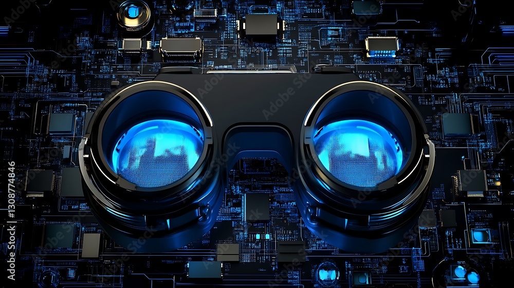 Poster virtual reality headset display on futuristic circuit board background