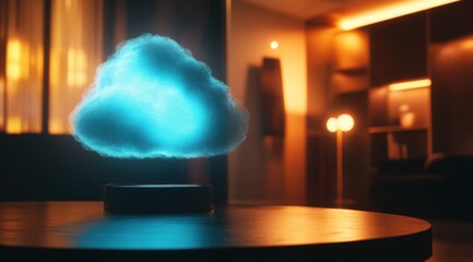 Glowing blue cloud floating on a table in a modern home interior, with a glowing blue light from the bottom, creating a magical atmosphere. Concept of cloud storage and digital technology.