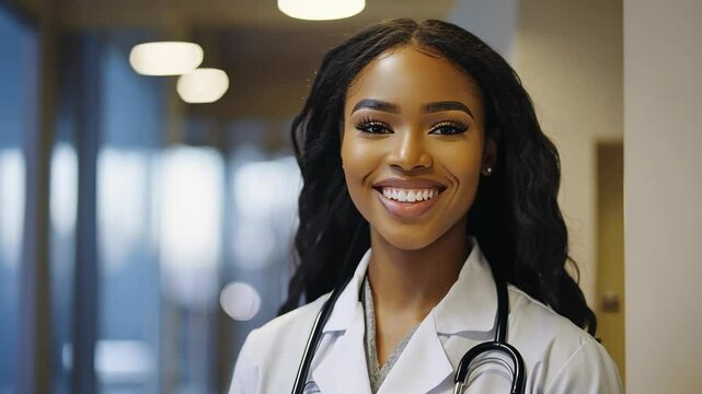 Young female doctor smiling confidently in a healthcare setting during daylight hours