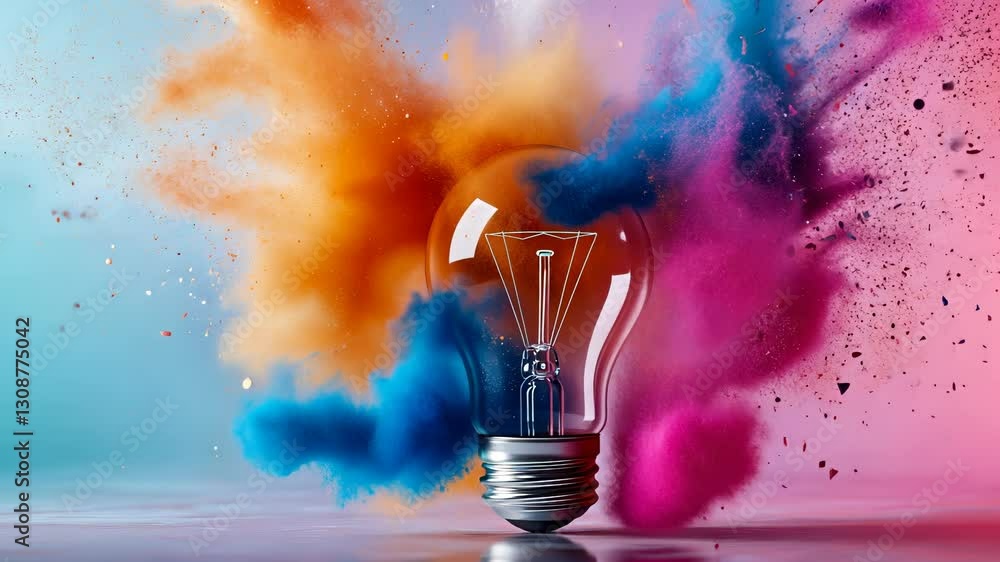 Poster glowing light bulb exploding with colorful powder paint on white background representing creative id