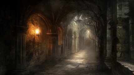 Gothic hallway, ruins, misty night, lantern light, mystery