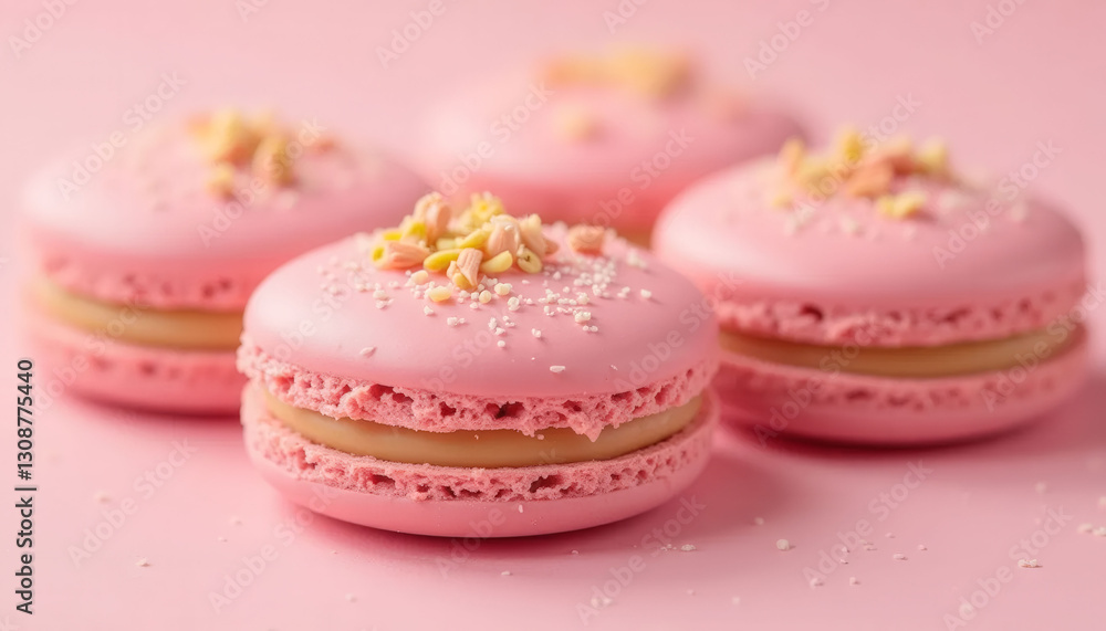 Poster four pink macarons with powdered sugar on top. the macarons are arranged in a row on a pink backgrou