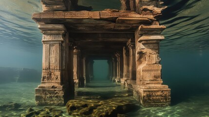 Submerged Ancient Stone Structure Reflecting Light Through Underwater Environment