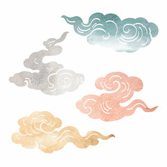 Blue, grey, pink and brown brush stroke texture with Japanese chinses cloud pattern in vintage style. Abstract art landscape banner design with watercolor texture vector.