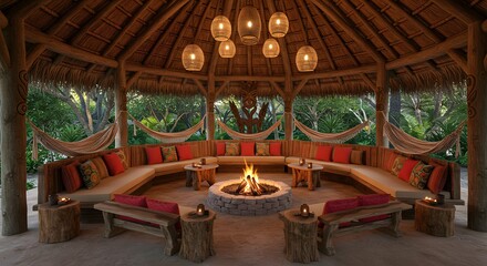 An open-air tribal-themed lounge area with a thatched roof and wooden pillars.