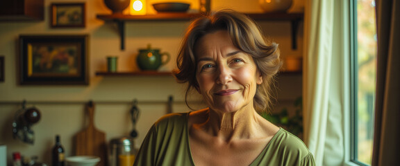 A woman is smiling in front of a kitchen counter. She is wearing a green shirt and has her hair pulled back. The kitchen is well-stocked with various items, including a bottle, a bowl, a cup