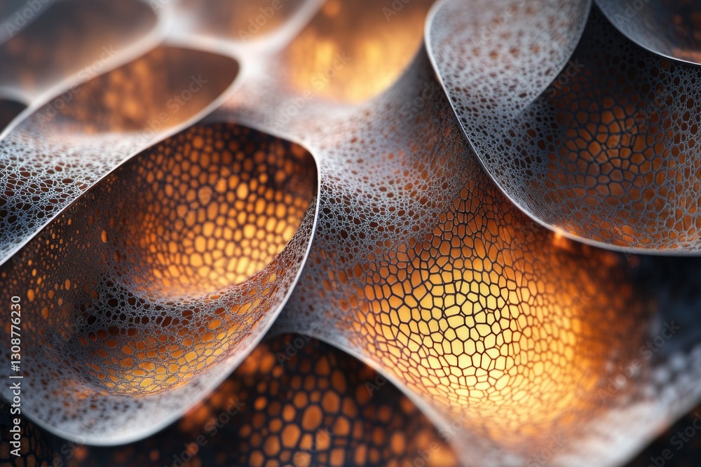 Poster Abstract 3D rendering of a textured, undulating surface with honeycomb-like patterns and warm, glowing light.