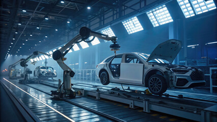 A futuristic vehicle inspection bay featuring advanced robotic arms scanning and analyzing every detail of a car, from the engine to wheels, with digital screens displaying real-time diagnostic data.