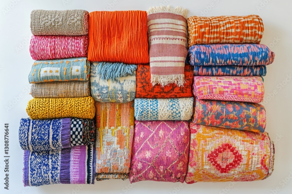 Poster a collection of colorful, patterned blankets and throws folded neatly, showcasing various textures a