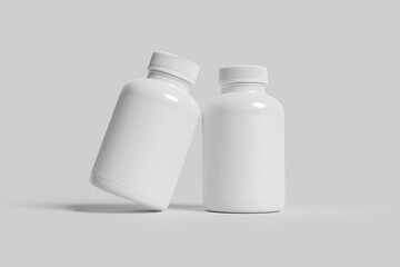 Medicine pill bottle blank. White supplement jar template illustration. Vitamin tablet container design. Realistic pharmaceutical medicament can mockup. Prescription medication packaging