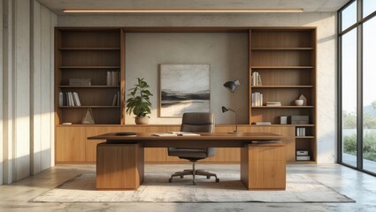 Modern office interior with desk and shelves. Brown chair is in front of wood table with lamp and books. Large window shows nature outside.