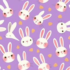 Obraz premium A delightful seamless pattern featuring adorable white bunny faces with various playful expressions on a soft purple background.