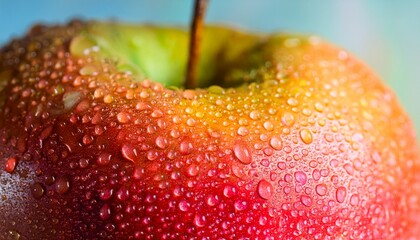 Intimate macro close-up of an apple's skin. Water droplets & natural color gradient enhance texture. High-res detail, fresh. Perfect for nature, food, health themes.

