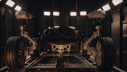 A futuristic vehicle inspection bay featuring advanced robotic arms scanning and analyzing every detail of a car, from the engine to wheels, with digital screens displaying real-time diagnostic data.