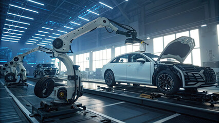 A futuristic vehicle inspection bay featuring advanced robotic arms scanning and analyzing every detail of a car, from the engine to wheels, with digital screens displaying real-time diagnostic data.