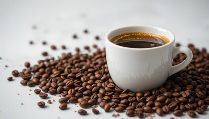 Coffee Cup with Coffee Beans on White Background and Copy Space