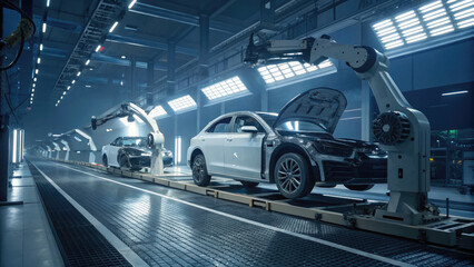 A futuristic vehicle inspection bay featuring advanced robotic arms scanning and analyzing every detail of a car, from the engine to wheels, with digital screens displaying real-time diagnostic data.