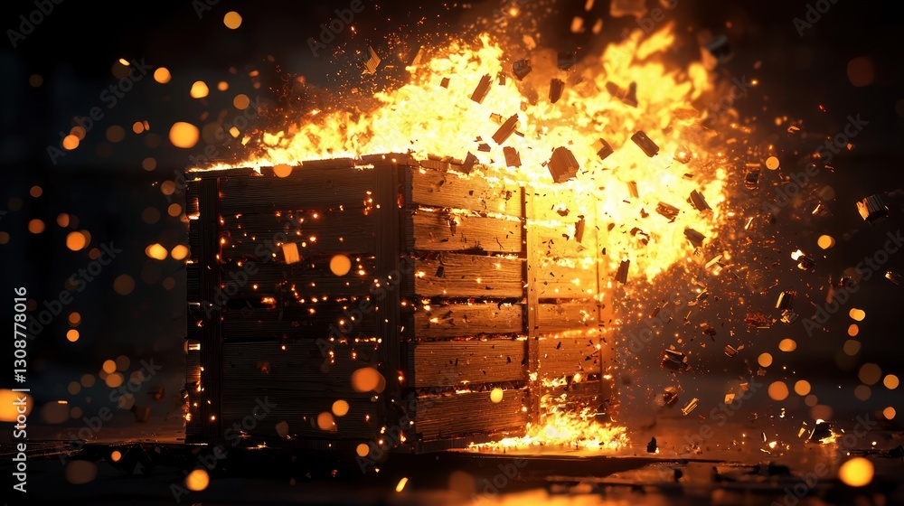Aufkleber exploding wooden crate engulfed in intense flames and sparks.
