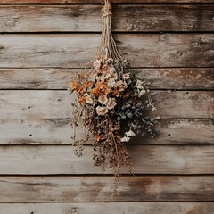 Naklejka premium Bunch of Dried Wildflowers Tied and Hung Against Aged Wooden Planks