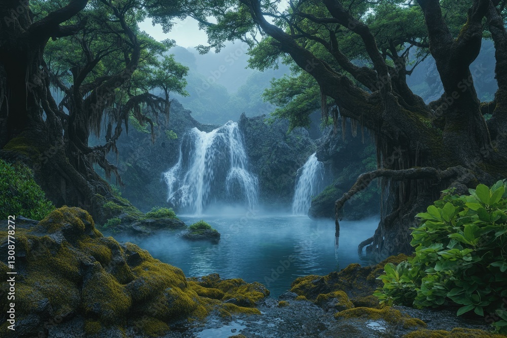 Poster enchanted waterfall cascades into a serene pool, nestled within a mystical, moss-draped forest.