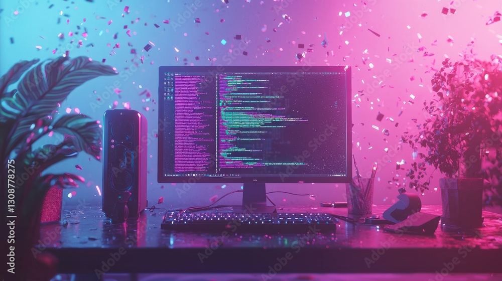 Poster neon-lit desk with computer displaying code, confetti falling, plants.