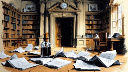 Inkwell on floor in library. Bookshelves filled with books line walls. Clock hangs over doorway. Papers scattered around ink bottle. Illustration style image.