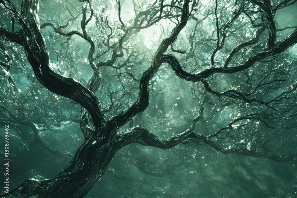 Poster twisted, ancient tree branches reach skyward in a misty, ethereal forest scene.