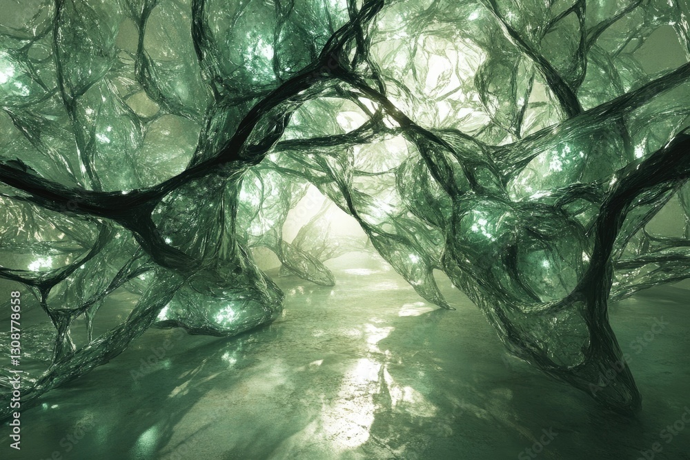 Poster a surreal, bioluminescent network of translucent, organic structures forms a mysterious, ethereal pa