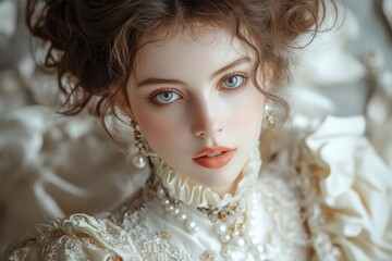 Fototapeta premium Elegant portrait captures young woman in ornate Rococo attire wi