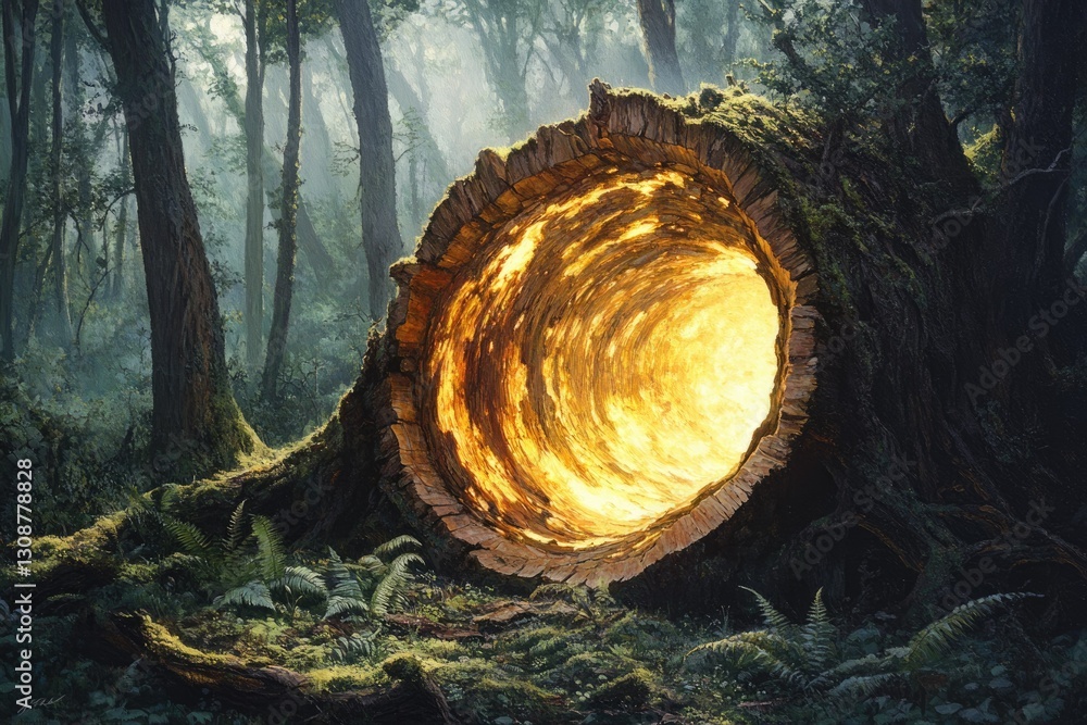 Poster glowing golden light emanates from a hollowed-out tree trunk in a mystical forest scene.