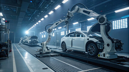 A futuristic vehicle inspection bay featuring advanced robotic arms scanning and analyzing every detail of a car, from the engine to wheels, with digital screens displaying real-time diagnostic data.