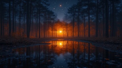 Forest puddle reflects glowing sunset under starry night