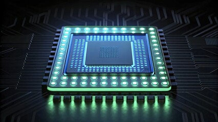 Close-up view of an illuminated microchip on a dark circuit board, highlighting intricate details and connections.