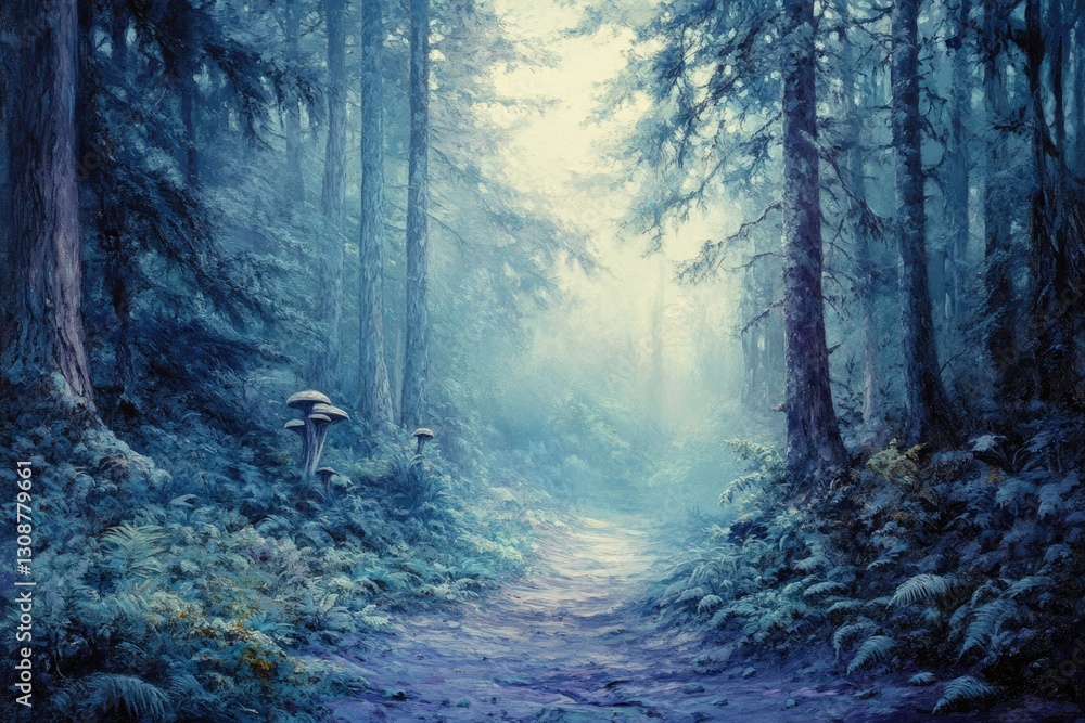 Poster mystical blue forest path with mushrooms, serene and enchanting atmosphere.
