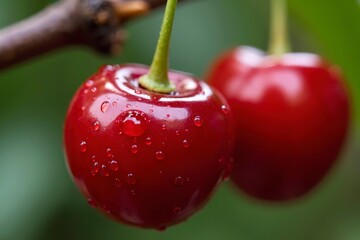 Ripe cherry with glossy red skin and water droplets, green stem, isolated on blurred background. Freshness and natural beauty in focus.