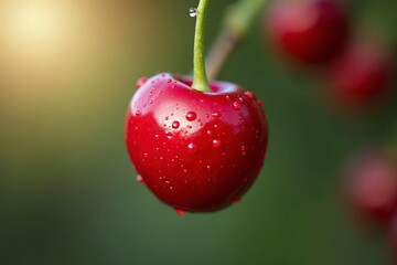 Ripe cherry with glossy red skin and water droplets, green stem, isolated on blurred background. Freshness and natural beauty in focus.