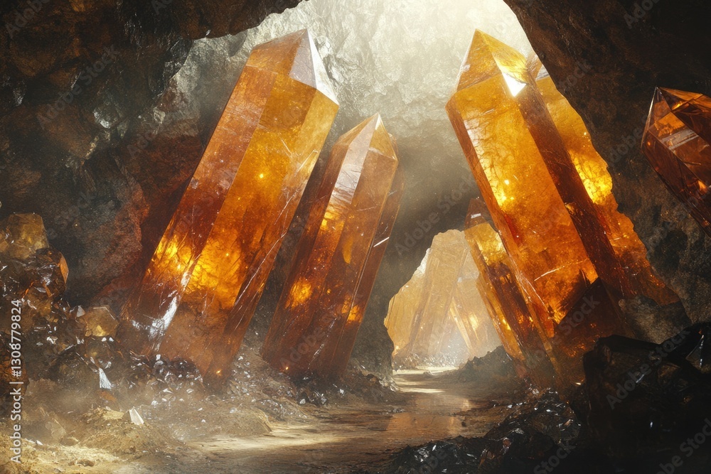 Poster a breathtaking cave filled with luminous amber crystals, creating a magical and mysterious atmospher