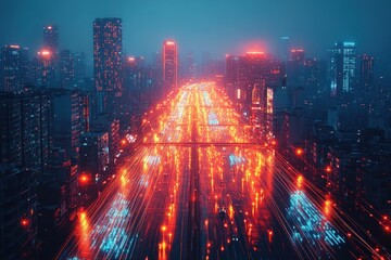 Fototapeta premium Futuristic city highway at night with vibrant lights and blurred motion