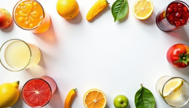 Top view flat lay of assorted drinks and food items on a white background, juice, summer