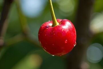 Ripe cherry with glossy red skin and water droplets, green stem, isolated on blurred background. Freshness and natural beauty in focus.