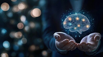 Businessman Holding a Glowing Brain Hologram – AI Technology and Digital Marketing Concept  