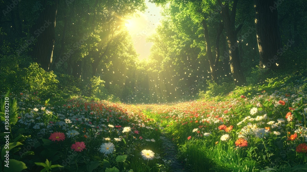 Poster sunlit forest path through blooming meadow with floating particles