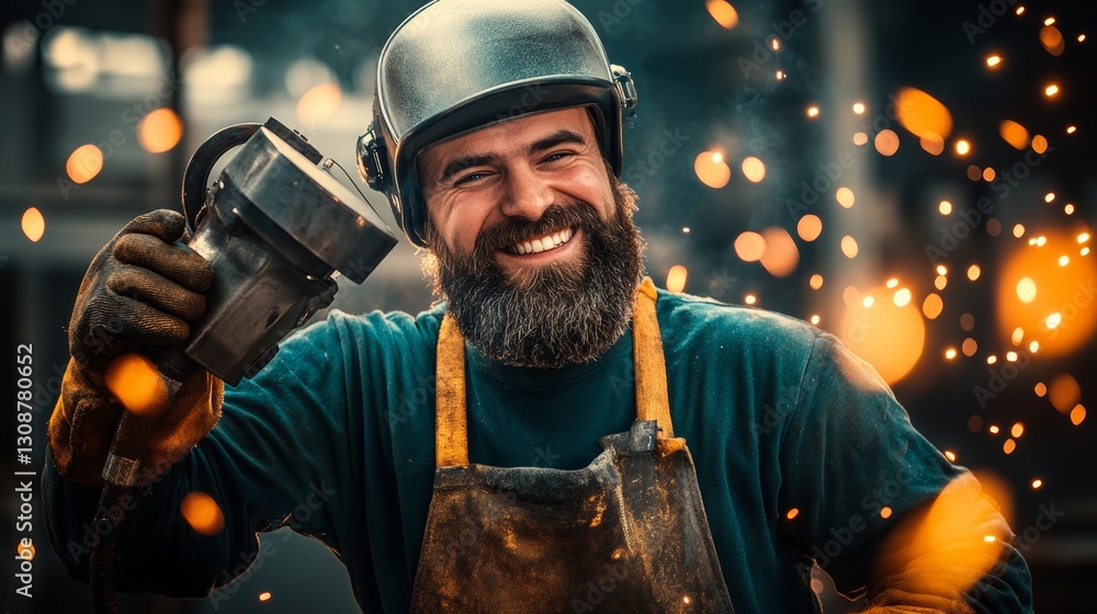 Poster man with a beard and a hard hat is smiling while holding a tool