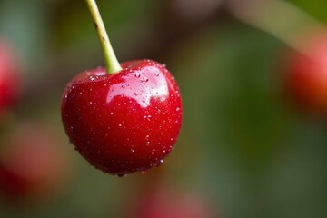 Ripe cherry with glossy red skin and water droplets, green stem, isolated on blurred background. Freshness and natural beauty in focus.