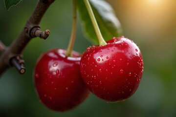 Ripe cherry with glossy red skin and water droplets, green stem, isolated on blurred background. Freshness and natural beauty in focus.