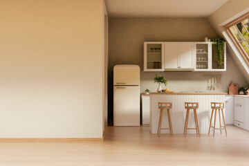 Minimalist modern style kitchen or dining room with natural light from roof window. Cosy interiors.