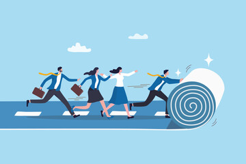 Leadership to lead team career path, business strategy development, effort or ambition to progress work success, motivation achievement, businessman rolling career path for team colleague to follow.