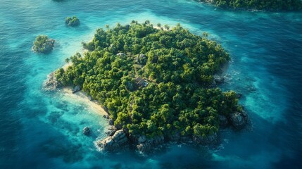A densely forested island surrounded by turquoise waters, as viewed from above 